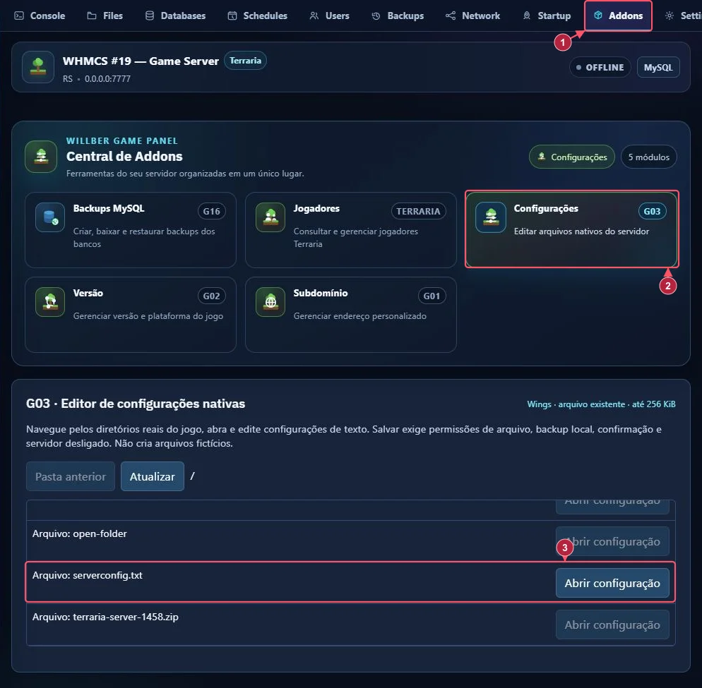 Addons (1), Configurações (2) e linha serverconfig.txt com Abrir configuração (3).
