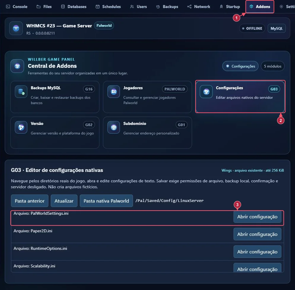 Addons (1), Configurações (2) e PalWorldSettings.ini na pasta nativa (3).