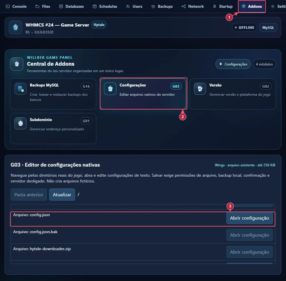 Addons (1), Configurações (2) e config.json da raiz com Abrir configuração (3).
