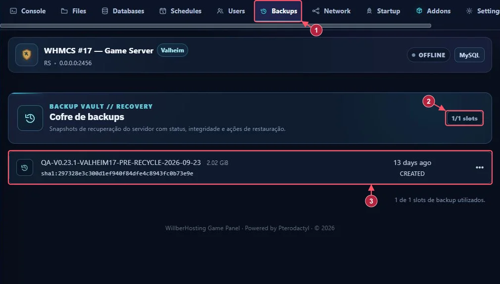 Backups (1), contador de slots (2) e cópia existente (3) do Valheim.