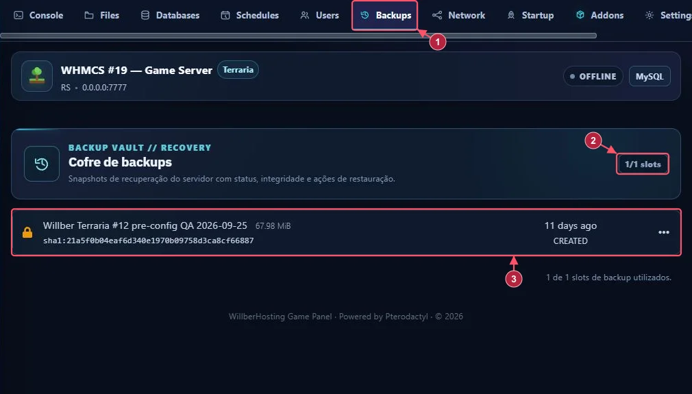 Backups (1), contador de slots (2) e cópia existente (3) do Terraria.