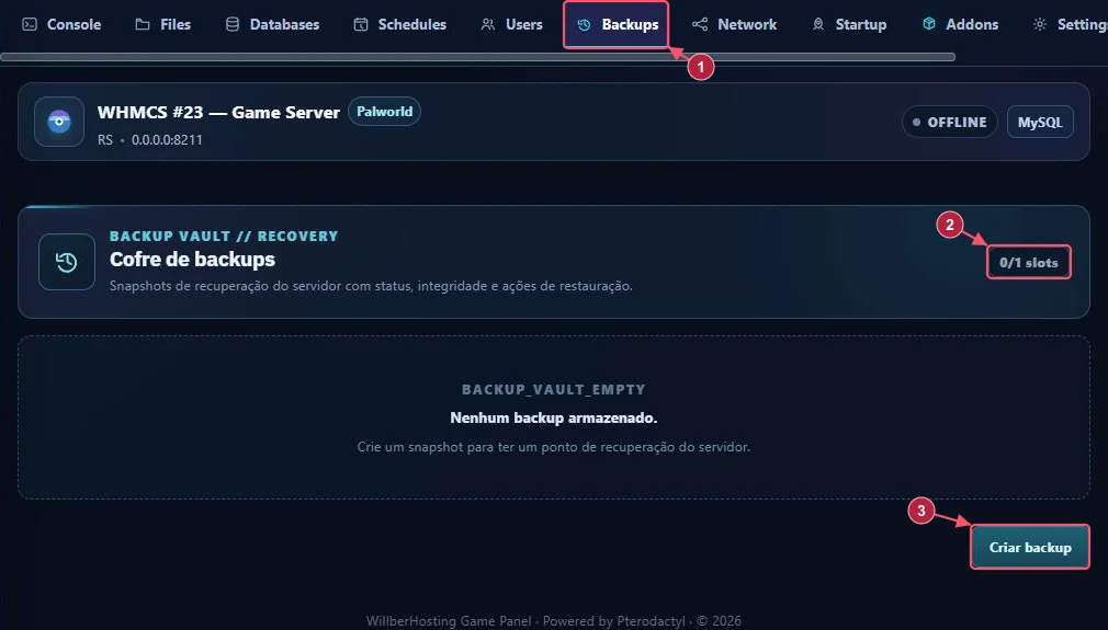 Backups (1), contador de slots (2) e área de criação (3) do Palworld.