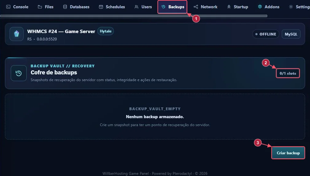 Backups (1), contador de slots (2) e área de criação (3) do Hytale.