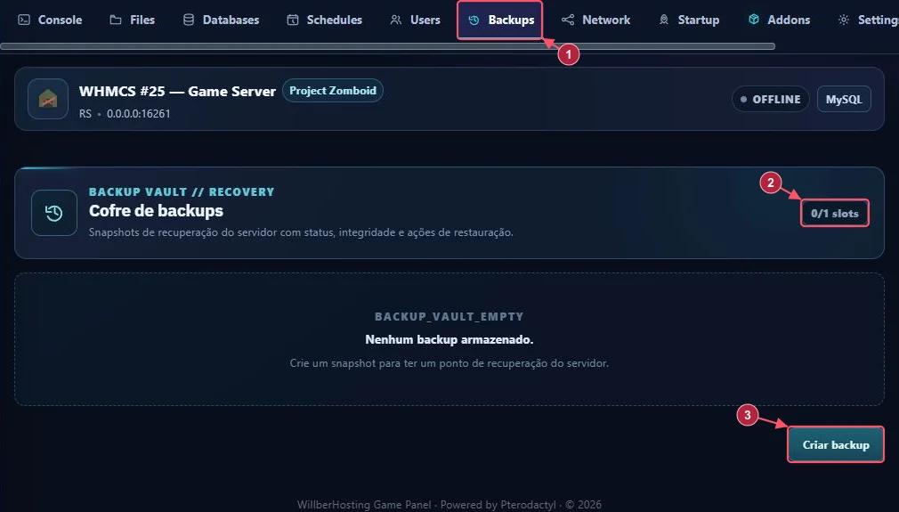 Backups (1), contador de slots (2) e área de criação (3) do Project Zomboid.